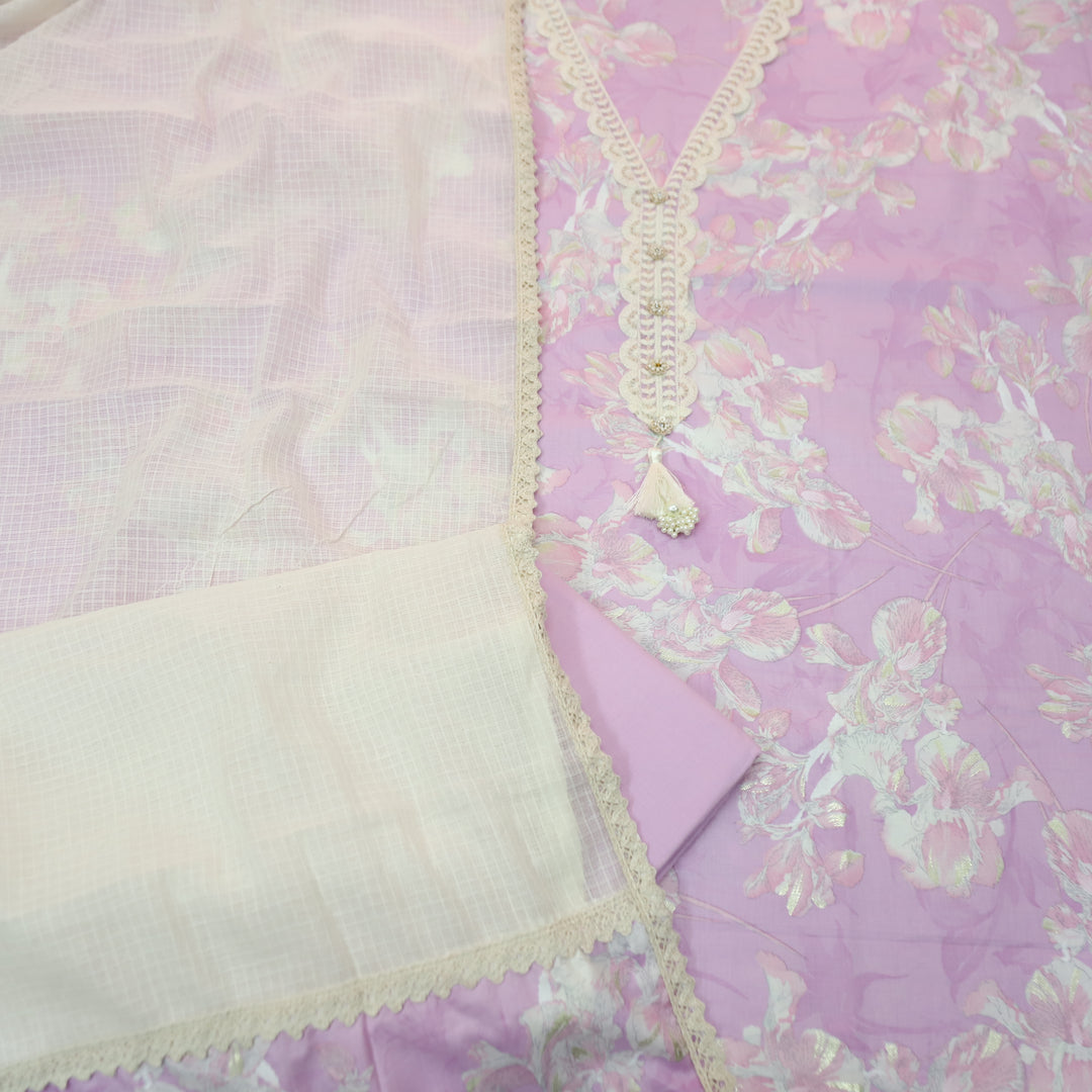 Aafreen Tulip Lilac V Neck Lace Work Floral Printed Cotton Set