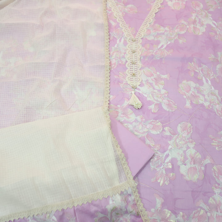 Aafreen Tulip Lilac V Neck Lace Work Floral Printed Cotton Set