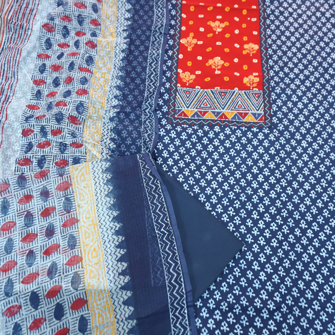 Rajmoli Indigo Blue Embroidered Yoke Dabu Printed Cotton Set