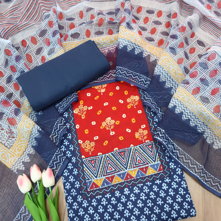 Rajmoli Indigo Blue Embroidered Yoke Dabu Printed Cotton Set
