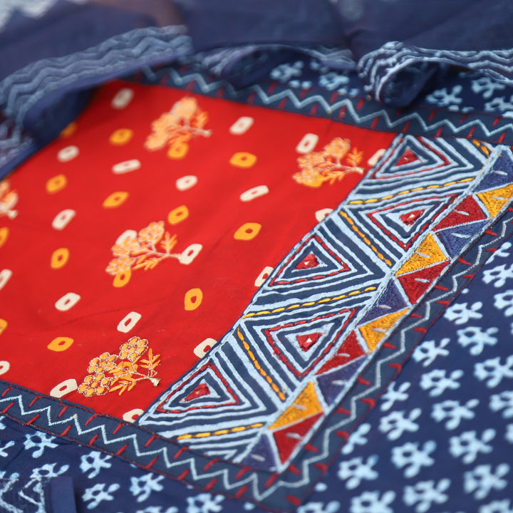 Rajmoli Indigo Blue Embroidered Yoke Dabu Printed Cotton Set
