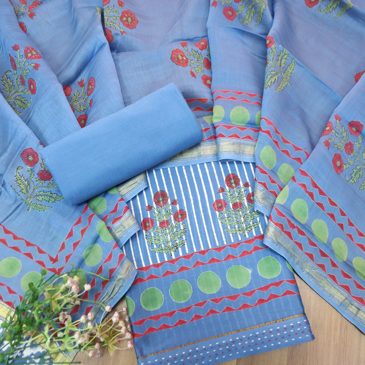 Kinari Sapphire Blue Block Print and Stripe Print Mul Chanderi Set