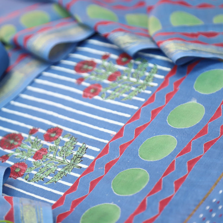 Kinari Sapphire Blue Block Print and Stripe Print Mul Chanderi Set