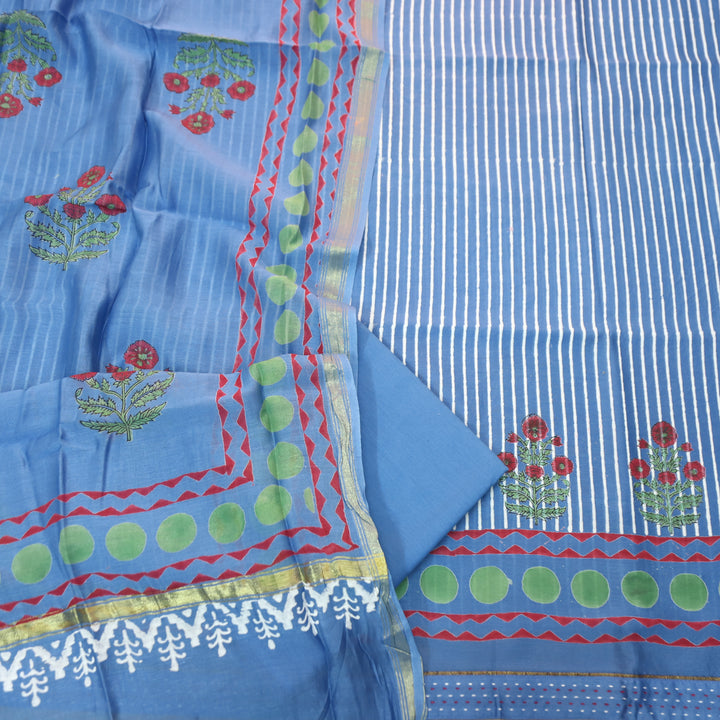 Kinari Sapphire Blue Block Print and Stripe Print Mul Chanderi Set