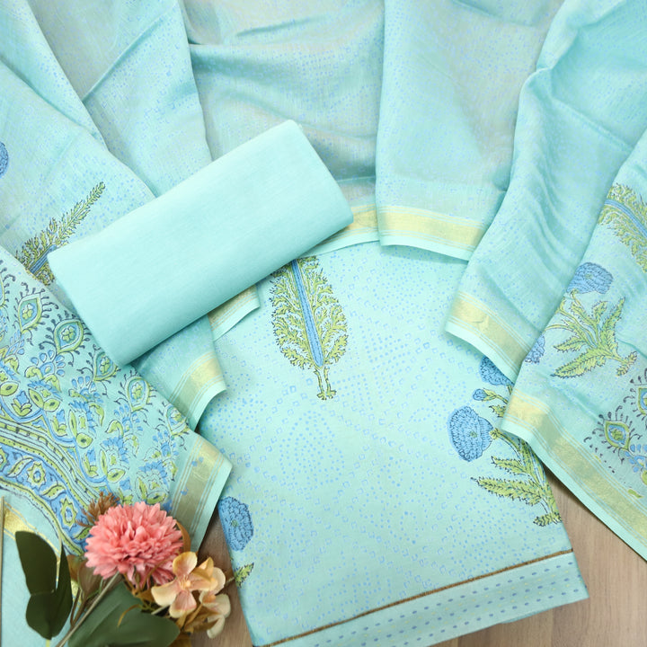 Mohak Powder Blue All Over Floral Printed Mul Chanderi Set