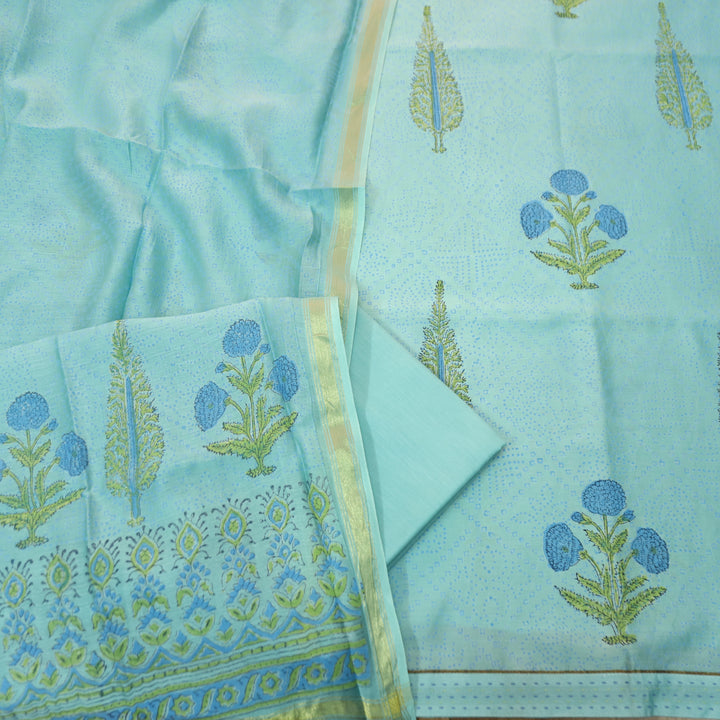 Mohak Powder Blue All Over Floral Printed Mul Chanderi Set