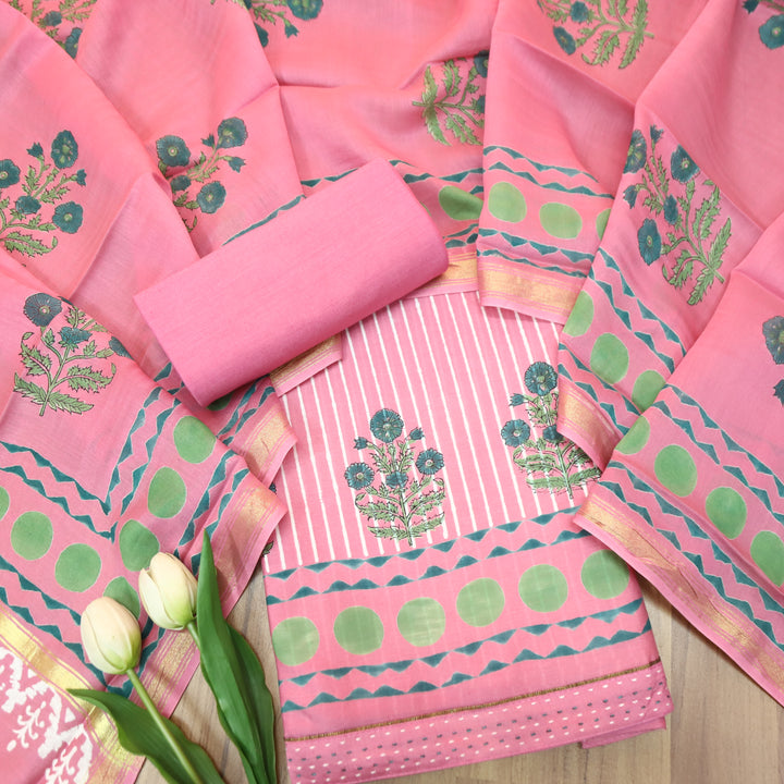 Kinari Candy Pink Block Print and Stripe Print Mul Chanderi Set