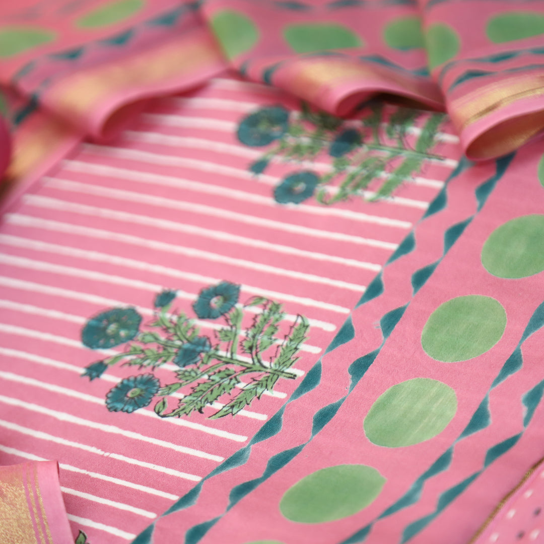 Kinari Candy Pink Block Print and Stripe Print Mul Chanderi Set