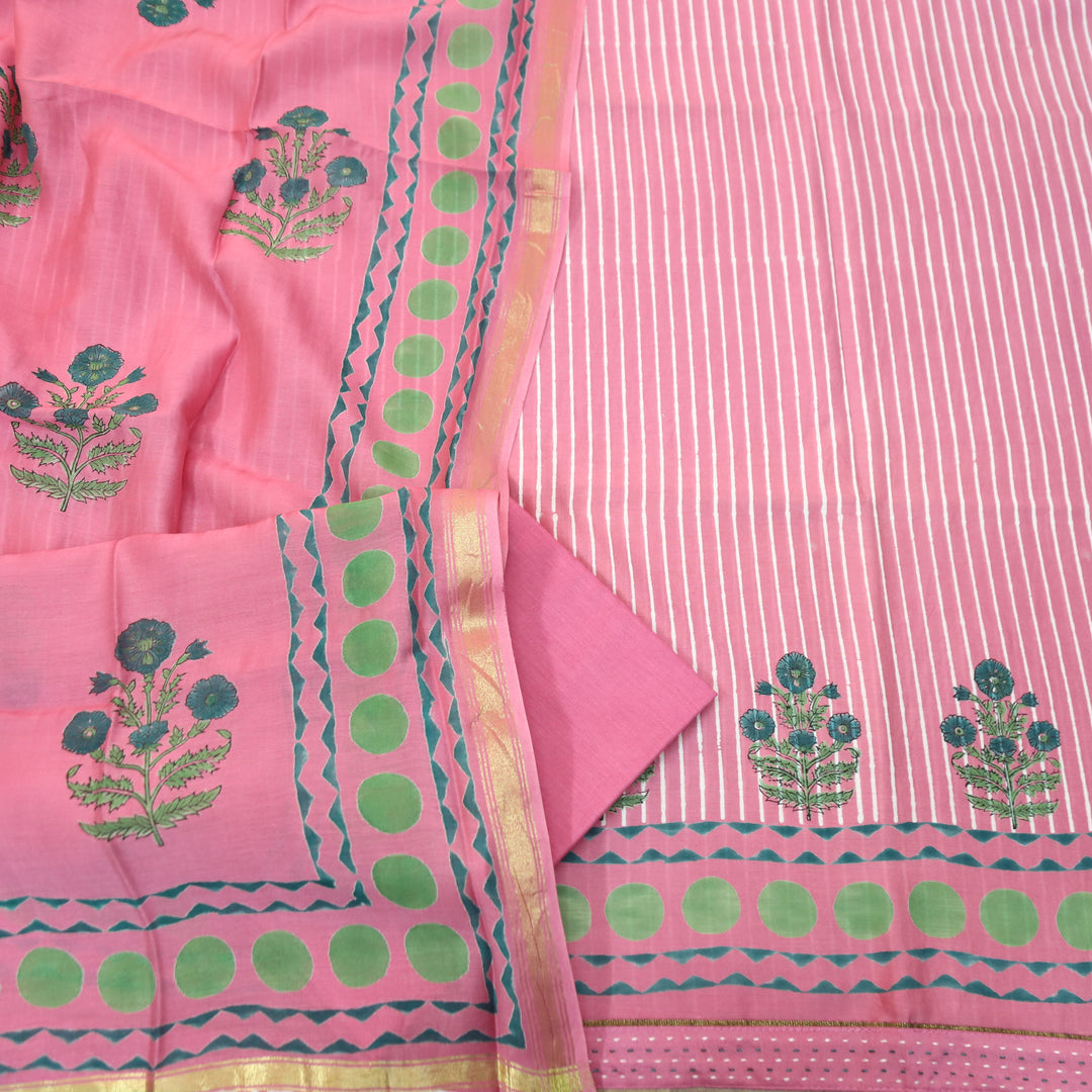 Kinari Candy Pink Block Print and Stripe Print Mul Chanderi Set