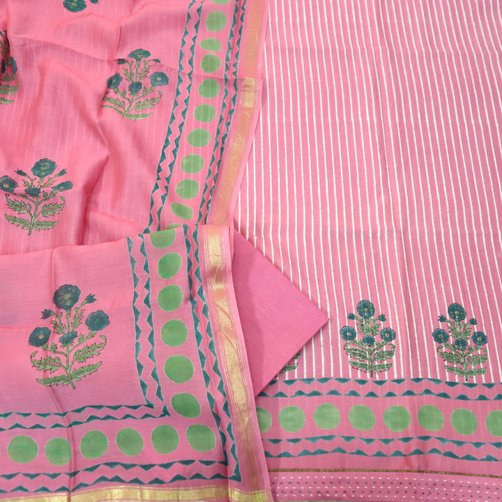 Kinari Candy Pink Block Print and Stripe Print Mul Chanderi Set