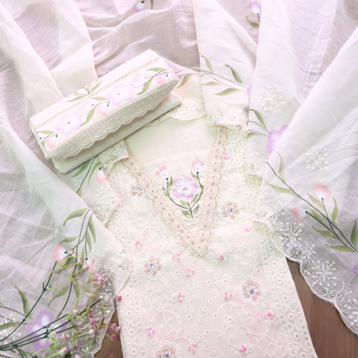 Yashvi Off White Hand Painted with Kardana Work Panel Style Cotton Schiffli Set D1