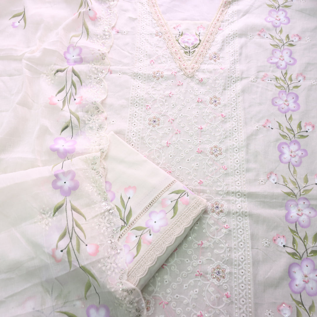 Yashvi Off White Hand Painted with Kardana Work Panel Style Cotton Schiffli Set D1