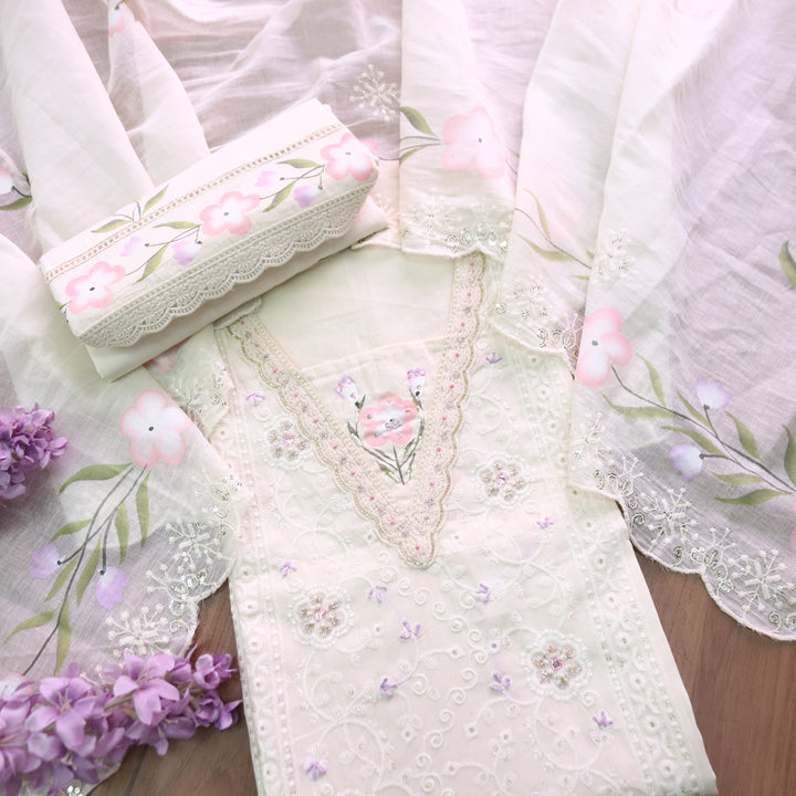 Yashvi Off White Hand Painted with Kardana Work Panel Style Cotton Schiffli Set D2