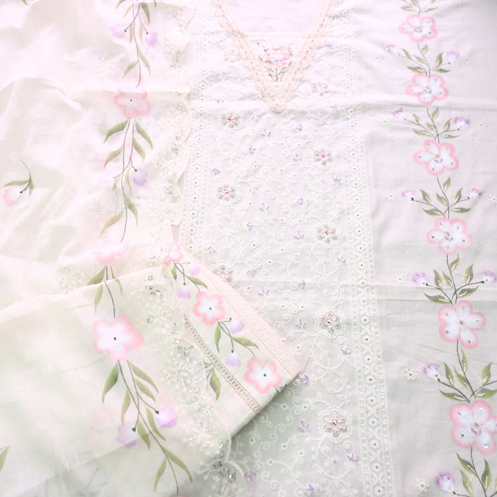 Yashvi Off White Hand Painted with Kardana Work Panel Style Cotton Schiffli Set D2
