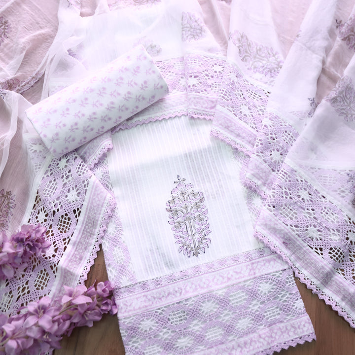 Keher White with Lilac Panel Style Floral Printed Crochet Hem Kota Doriya Set
