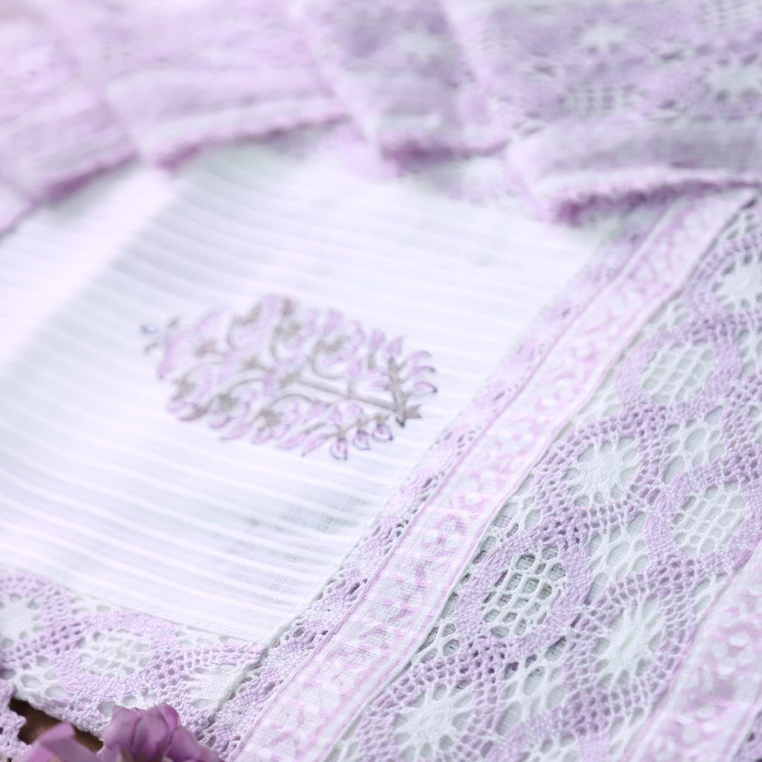 Keher White with Lilac Panel Style Floral Printed Crochet Hem Kota Doriya Set