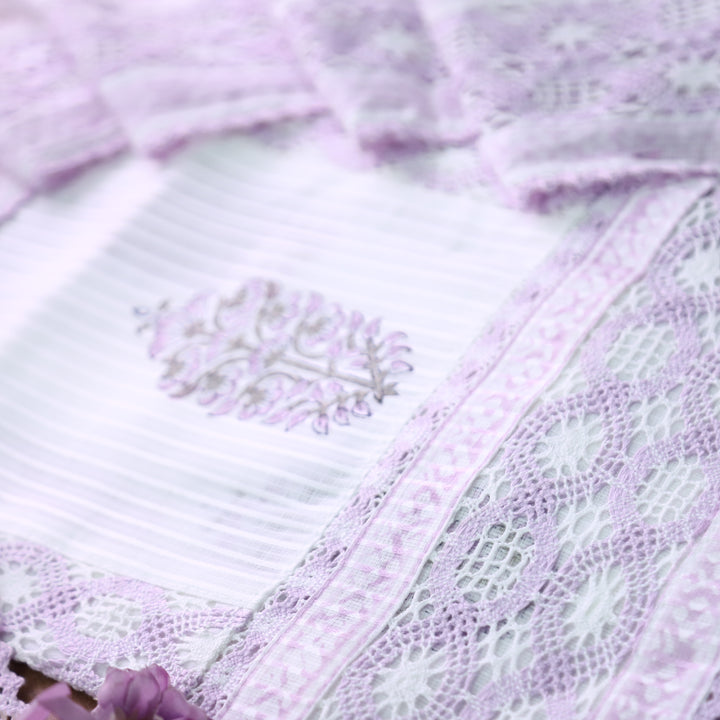 Keher White with Lilac Panel Style Floral Printed Crochet Hem Kota Doriya Set