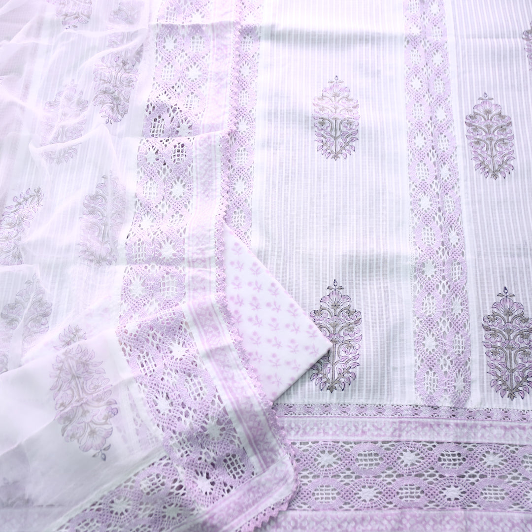 Keher White with Lilac Panel Style Floral Printed Crochet Hem Kota Doriya Set