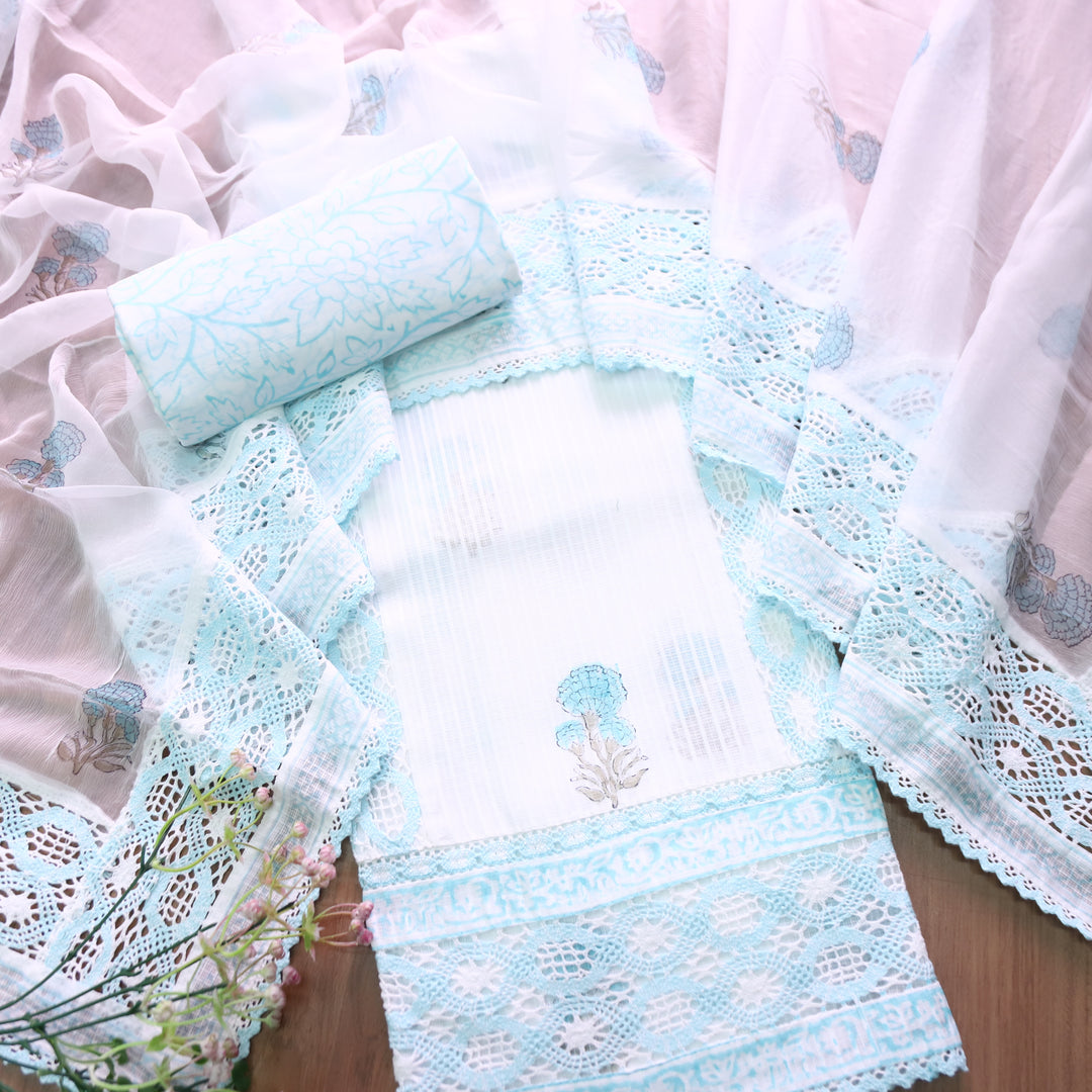 Keher White with Aqua Panel Style Floral Printed Crochet Hem Kota Doriya Set