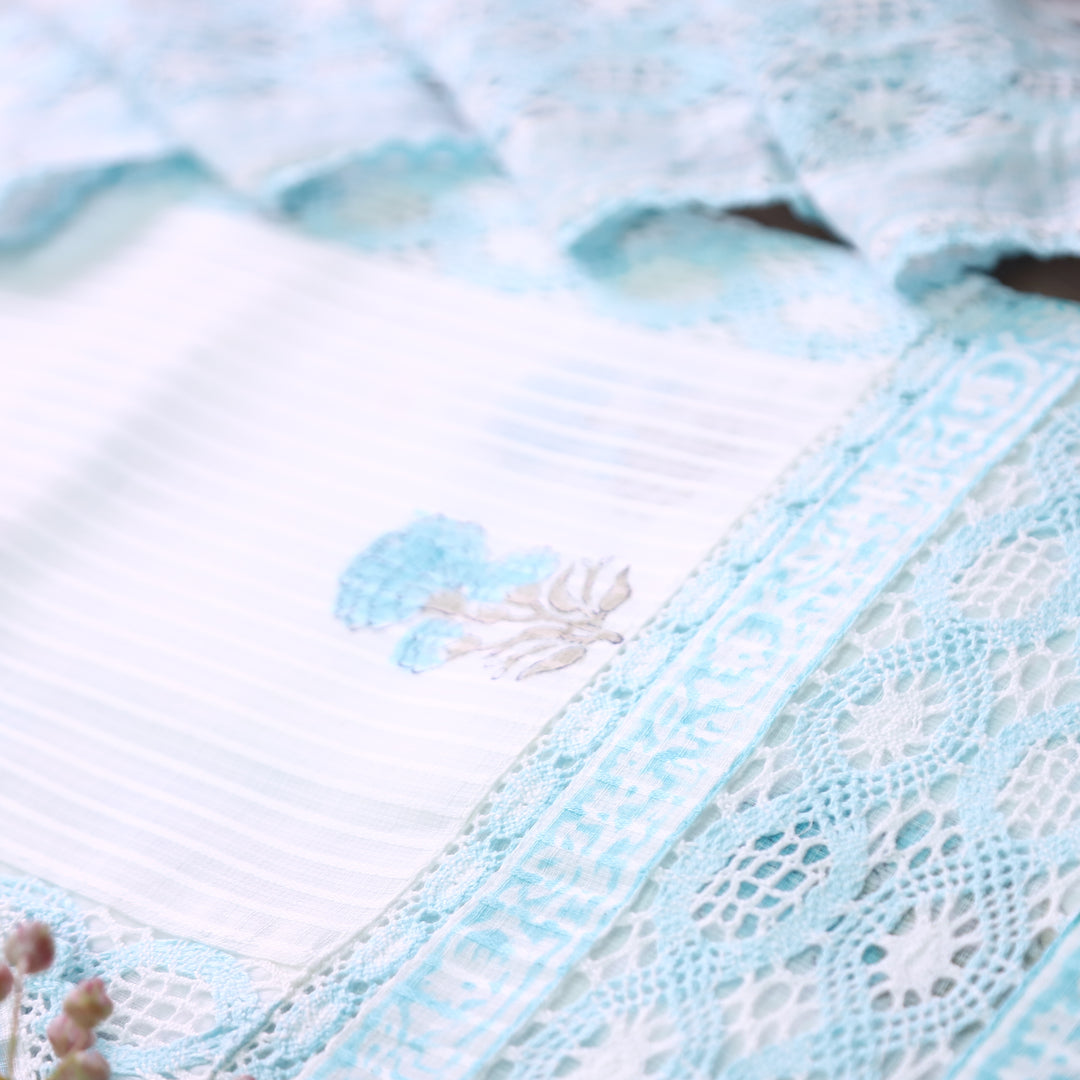 Keher White with Aqua Panel Style Floral Printed Crochet Hem Kota Doriya Set