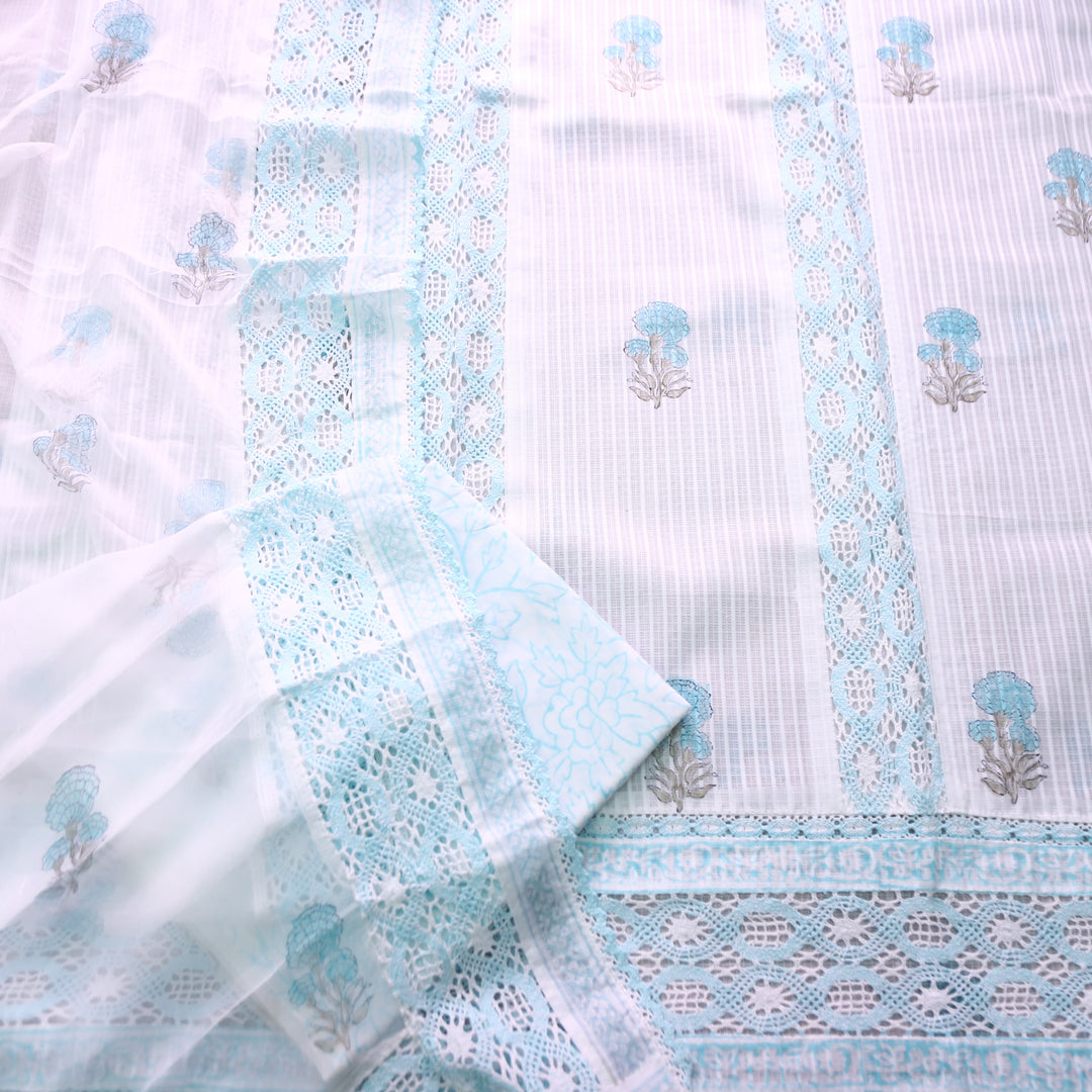 Keher White with Aqua Panel Style Floral Printed Crochet Hem Kota Doriya Set