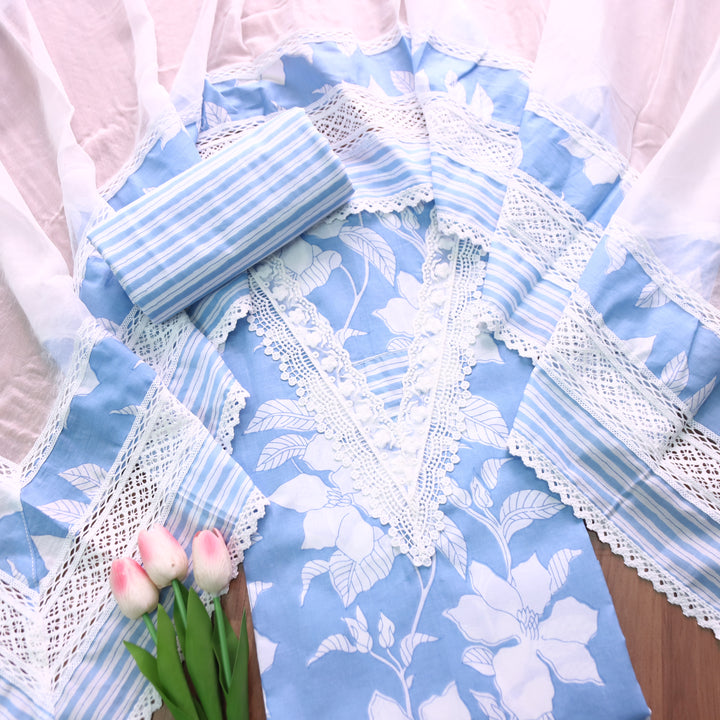 Aashna Sky Blue Lace Work Neck Floral Printed Cotton Set