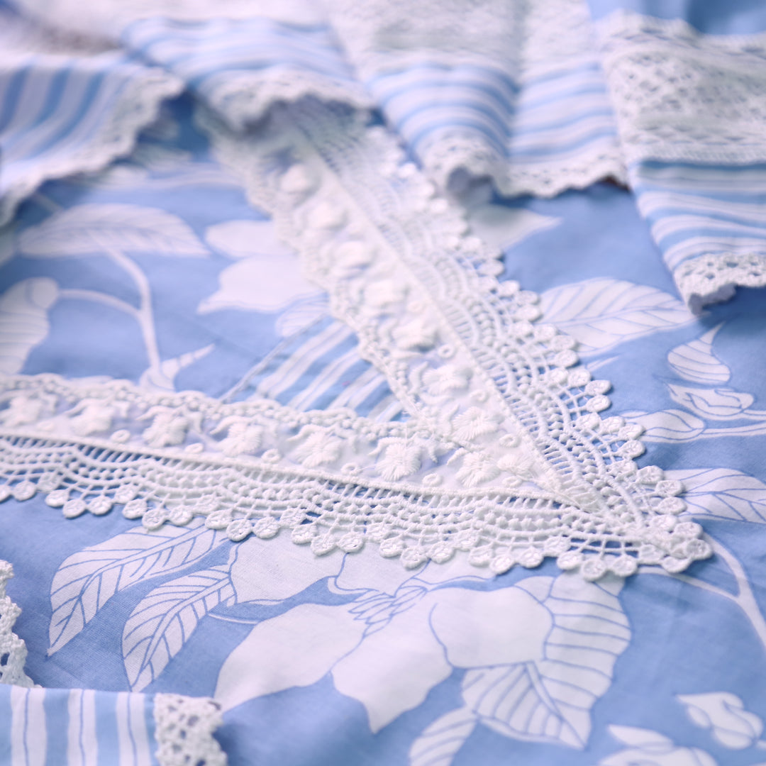 Aashna Sky Blue Lace Work Neck Floral Printed Cotton Set