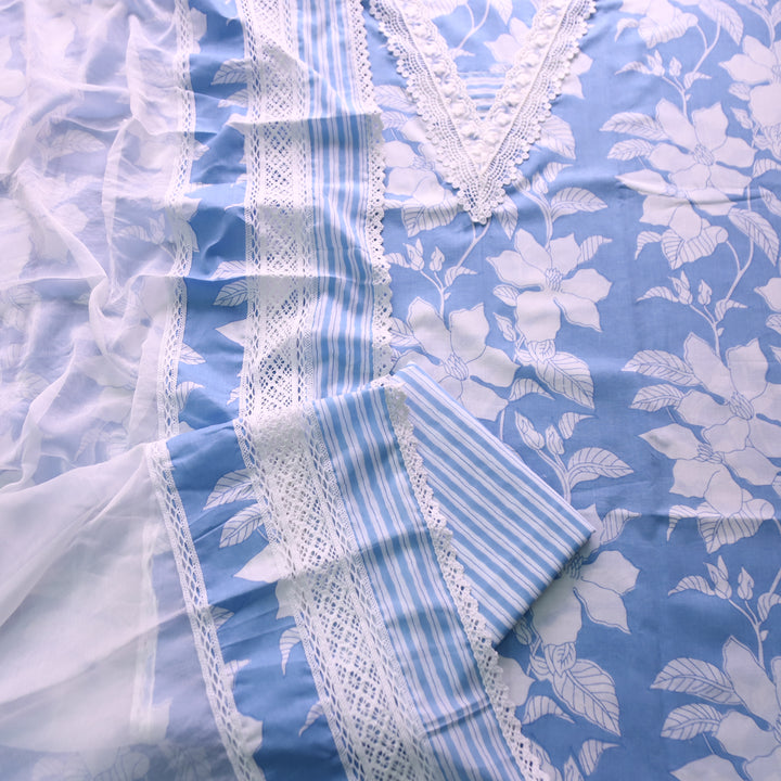 Aashna Sky Blue Lace Work Neck Floral Printed Cotton Set