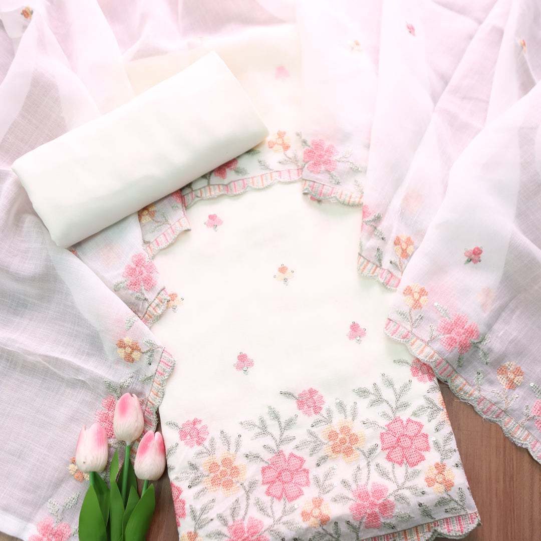 Kashvi Shell White Cross-Stitch Hemline Cotton Linen Set