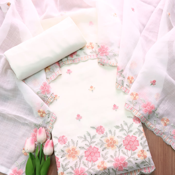 Kashvi Shell White Cross-Stitch Hemline Cotton Linen Set