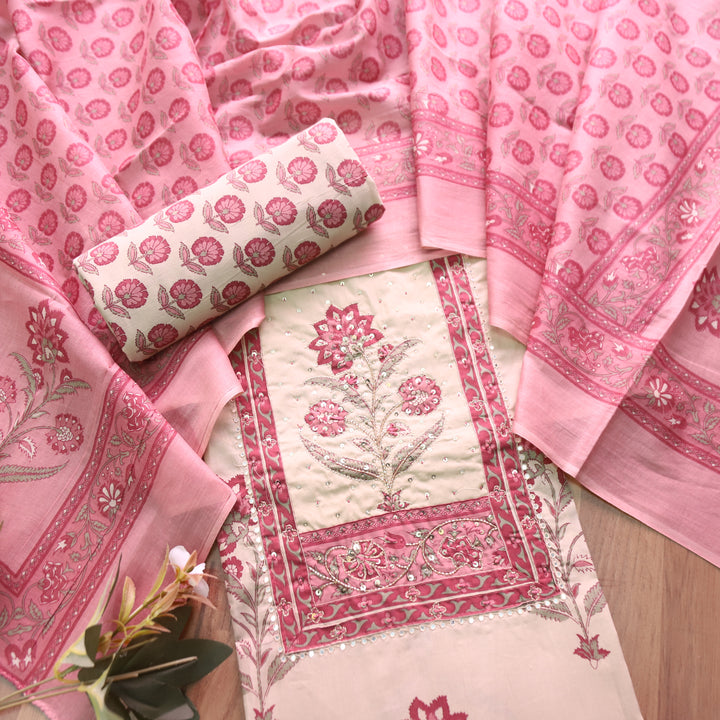 Shakshi Beige with Pink Print Yoke Chain Zari Work Floral Printed Cotton Set