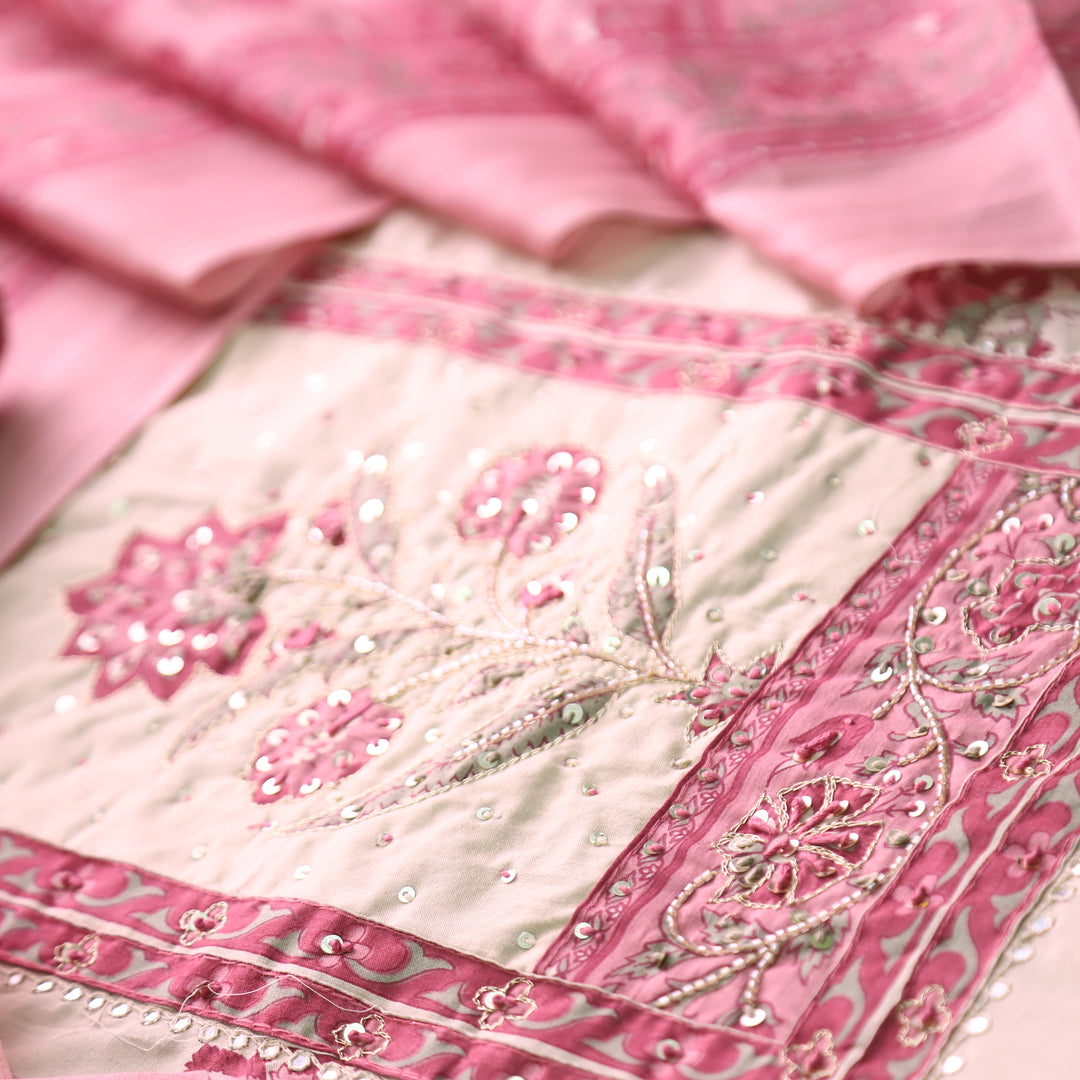 Shakshi Beige with Pink Print Yoke Chain Zari Work Floral Printed Cotton Set