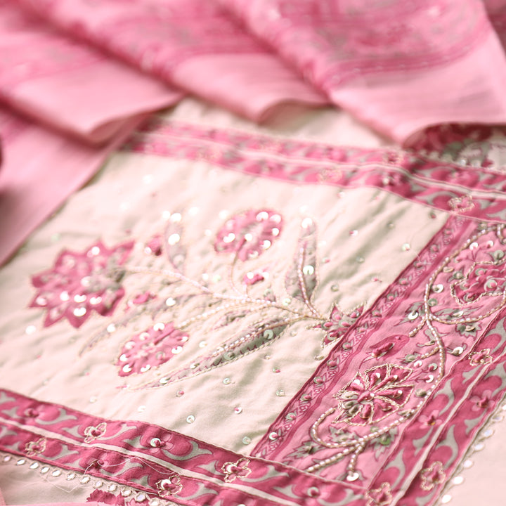 Shakshi Beige with Pink Print Yoke Chain Zari Work Floral Printed Cotton Set