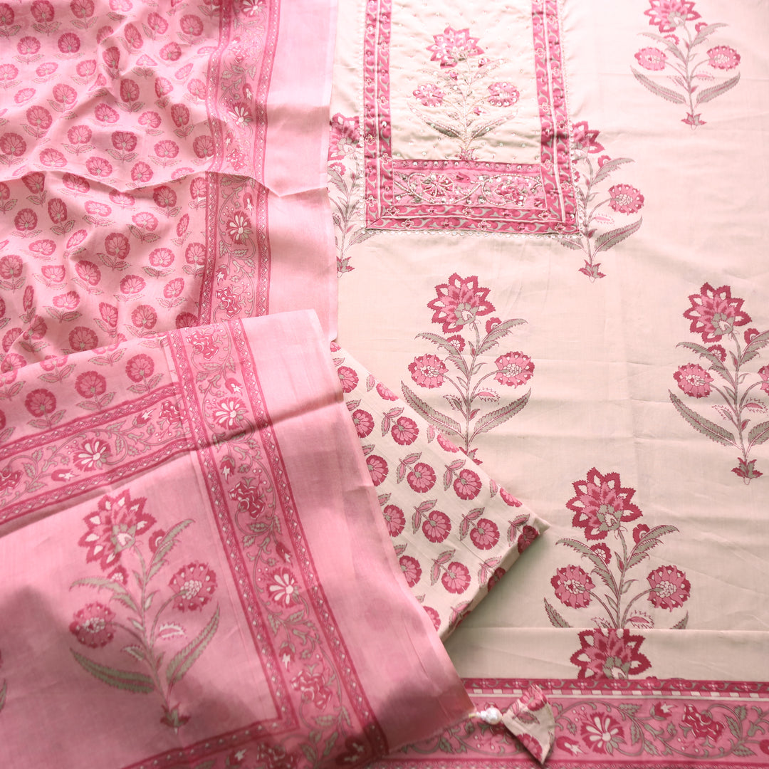 Shakshi Beige with Pink Print Yoke Chain Zari Work Floral Printed Cotton Set