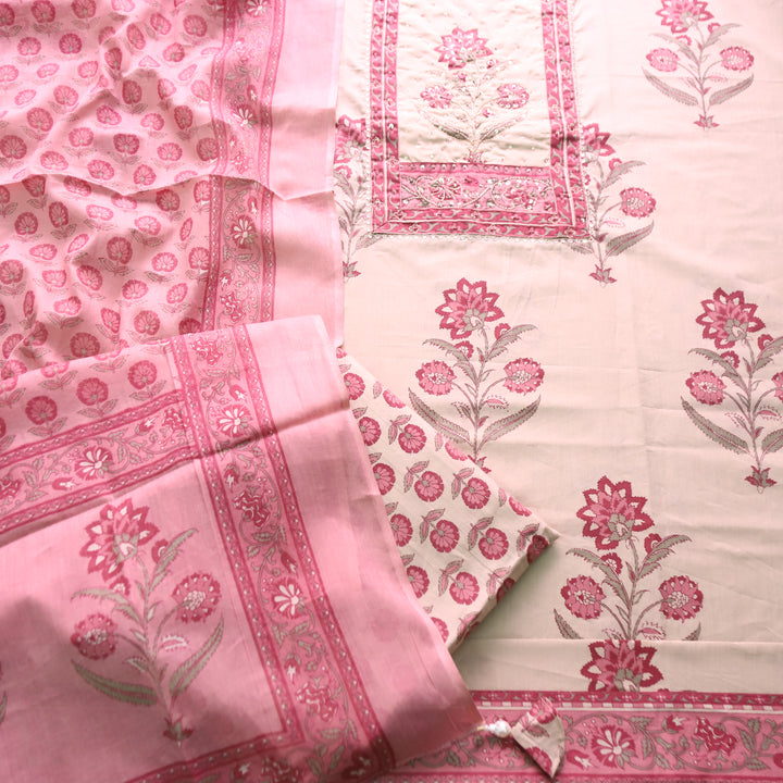 Shakshi Beige with Pink Print Yoke Chain Zari Work Floral Printed Cotton Set