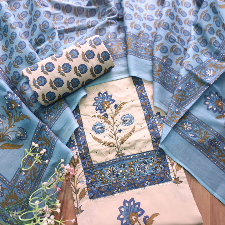 Shakshi Beige with Blue Print Yoke Chain Zari Work Floral Printed Cotton Set