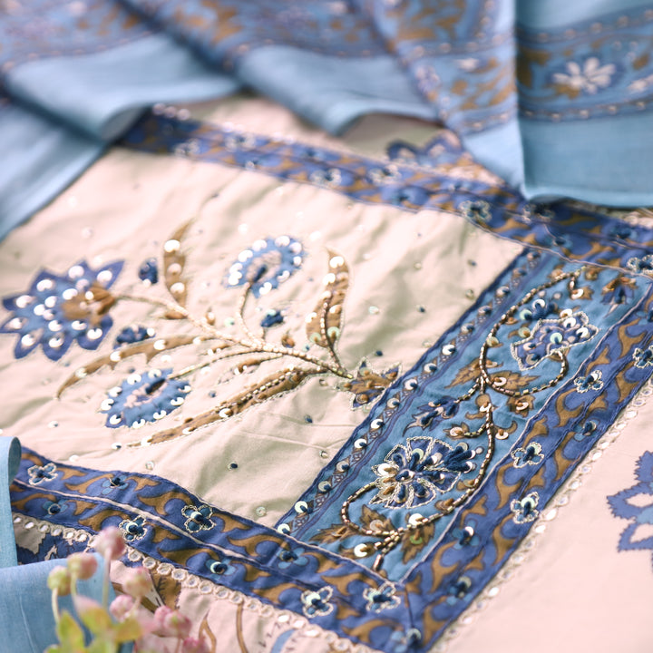 Shakshi Beige with Blue Print Yoke Chain Zari Work Floral Printed Cotton Set