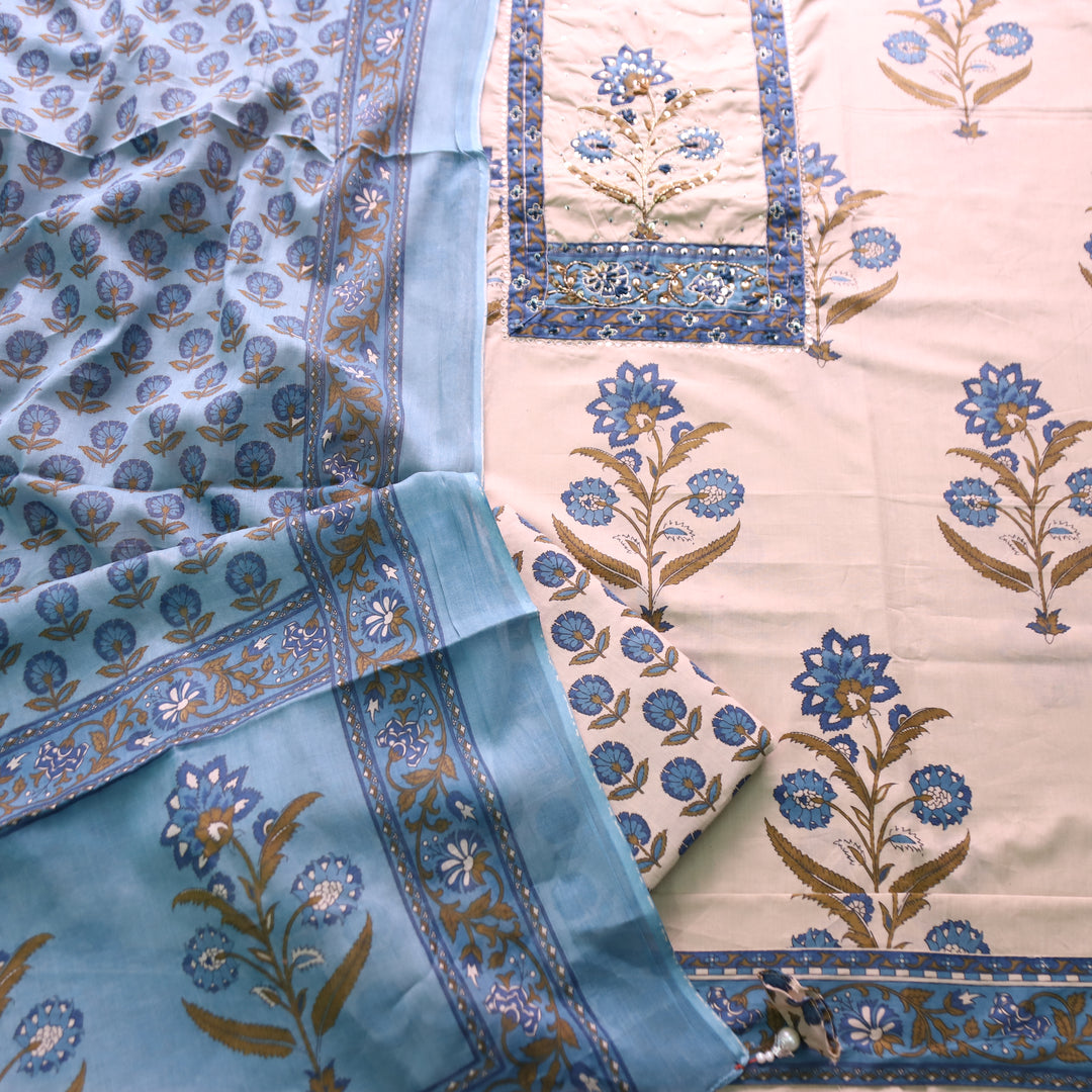 Shakshi Beige with Blue Print Yoke Chain Zari Work Floral Printed Cotton Set