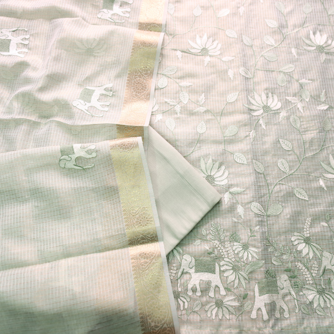 Kudiye Mint Green Gajj Embroidered Shimmer Tissue Kota Doriya Set