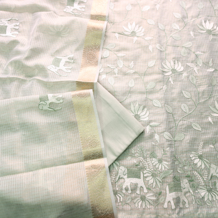 Kudiye Mint Green Gajj Embroidered Shimmer Tissue Kota Doriya Set