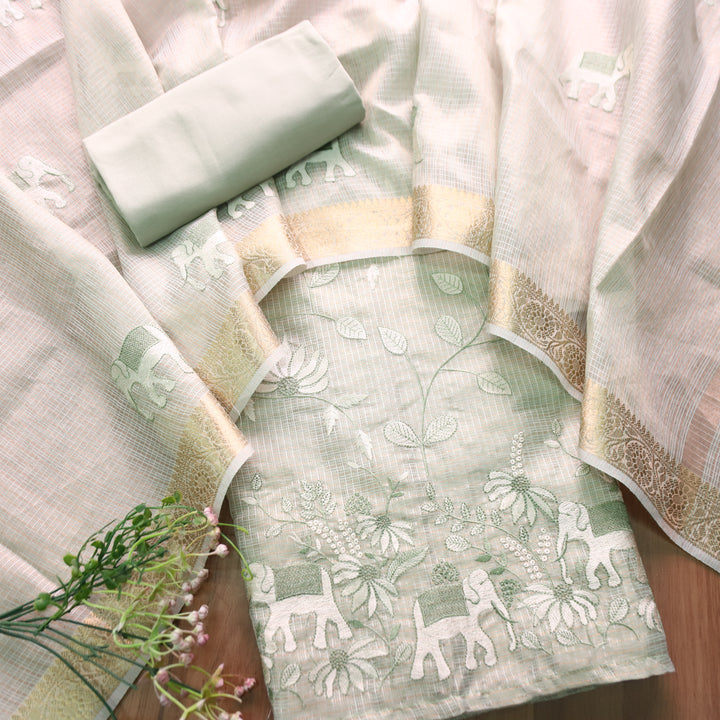 Kudiye Mint Green Gajj Embroidered Shimmer Tissue Kota Doriya Set