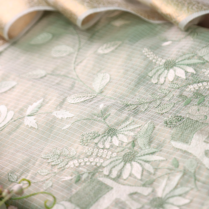 Kudiye Mint Green Gajj Embroidered Shimmer Tissue Kota Doriya Set