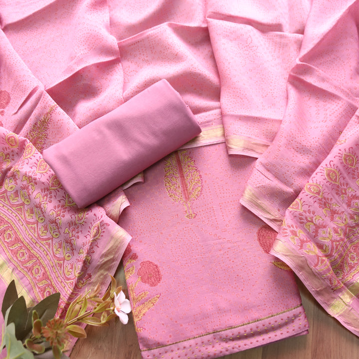 Mohak Mauve Pink All Over Floral Printed Mul Chanderi Set