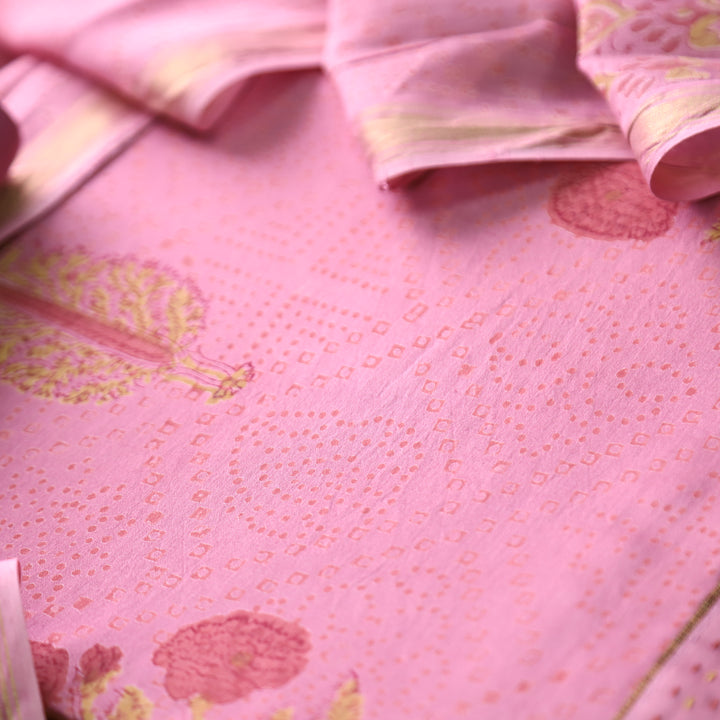 Mohak Mauve Pink All Over Floral Printed Mul Chanderi Set
