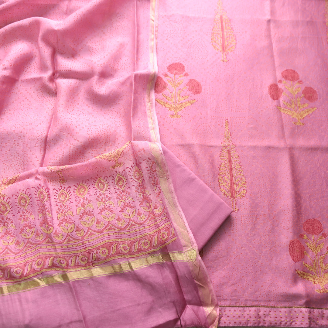 Mohak Mauve Pink All Over Floral Printed Mul Chanderi Set