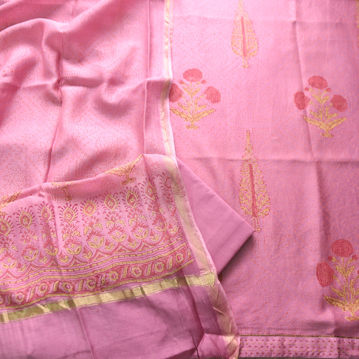 Mohak Mauve Pink All Over Floral Printed Mul Chanderi Set