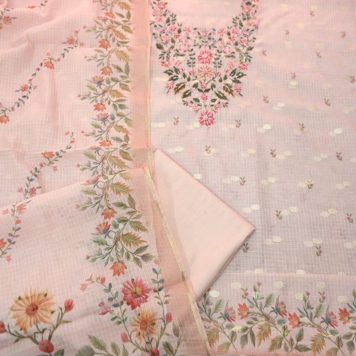 Mahiya Pastel Peach Floral Print with French Knot Kota Doriya Suit Set