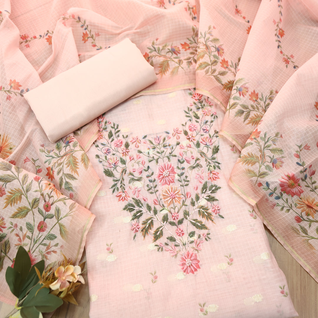 Mahiya Pastel Peach Floral Print with French Knot Kota Doriya Suit Set