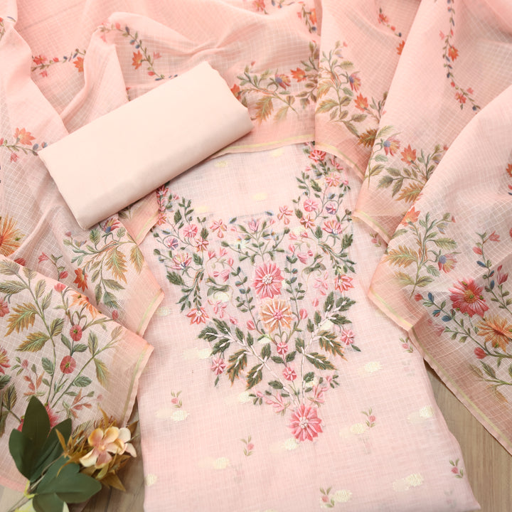 Mahiya Pastel Peach Floral Print with French Knot Kota Doriya Suit Set
