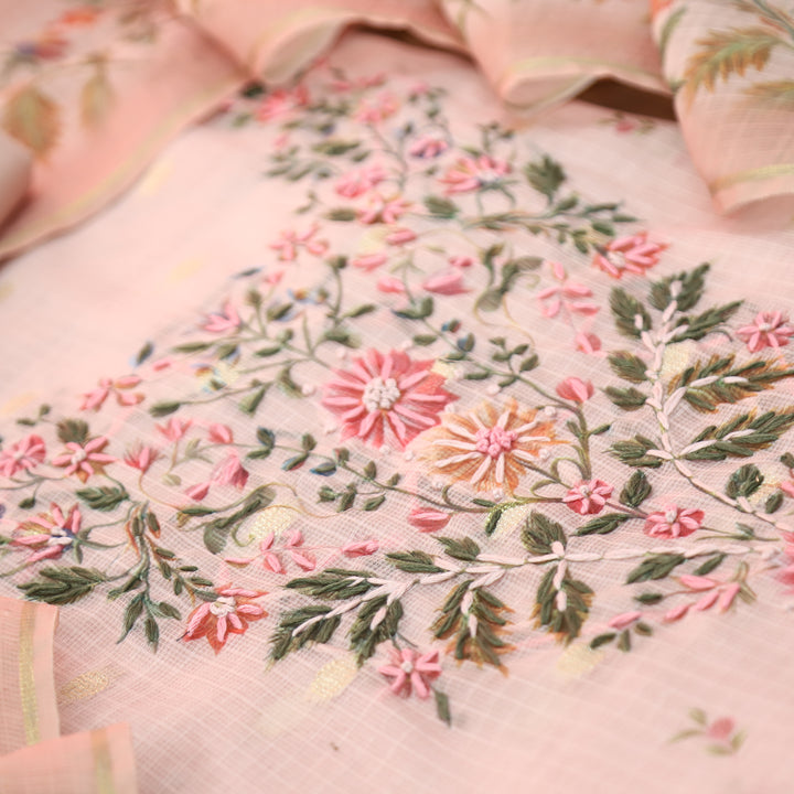 Mahiya Pastel Peach Floral Print with French Knot Kota Doriya Suit Set